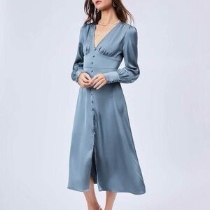 Cider brand blue satin feel dress with front buttons and front slit.